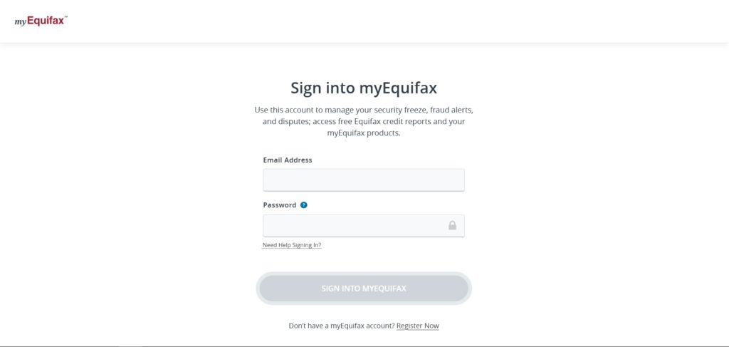 myEquifax website login page, consumer portal to unfreeze your credit at the Equifax credit bureau