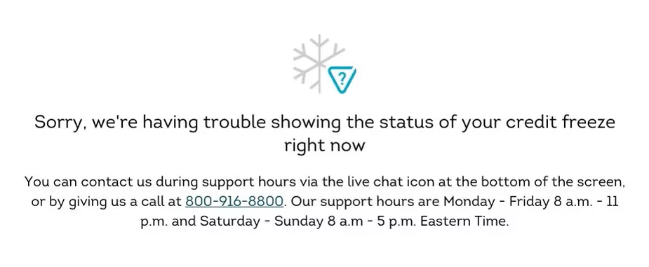 TransUnion sorry, we're having trouble showing the status of your credit freeze right now error message. Shown from the TransUnion online service center